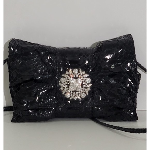 Iman Global Chic Bow Black Snakeskin Evening Clutch Huge Rhinestone - Picture 1 of 12